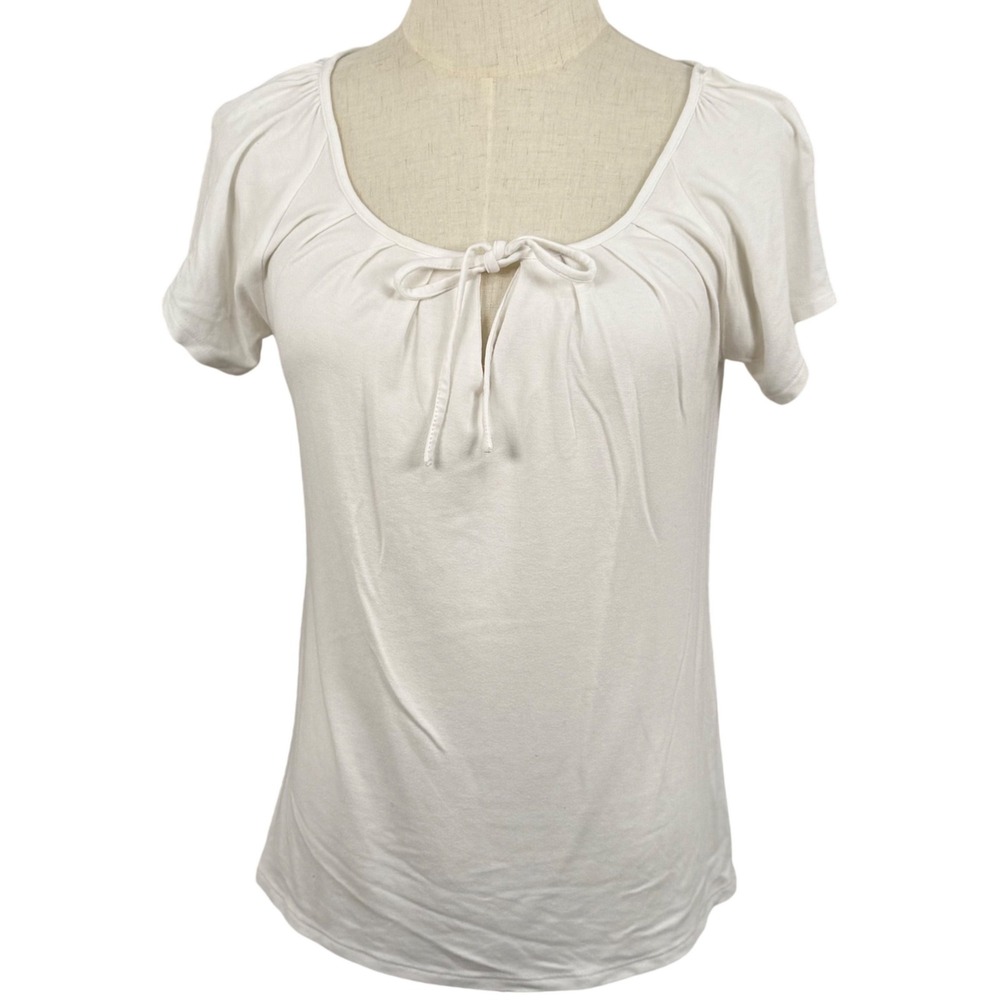 WHBM Women XXS Short Sleeve White Tie Front Peasant Top Coquette Coastal Office